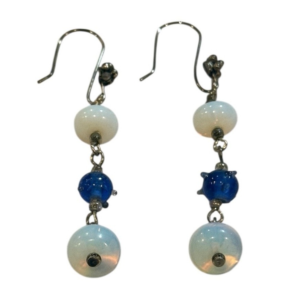 Vtg Sea Opal Glass Bead Dangle Earrings Blue White Silver Tone Drop Pierced 2.5"